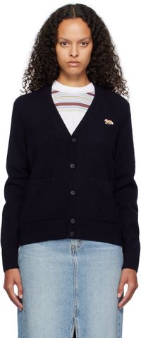 Maison Kitsuné Cardigan droit bleu marine à écusson à logo de renard