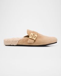 Mellow Suede Shearling Buckle Loafer Mules