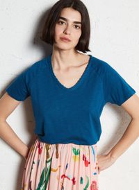 Sud Express - Tee-shirt droit à Col V tressé - Taille L - Bleu