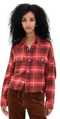 R13 Cropped Work Flannel Shirt Red/Black/Cream Plaid M