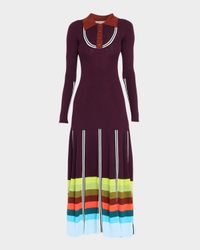 Striped Rib Long-Sleeve Maxi Polo Dress