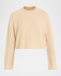Double-Collar Wool Crop Crewneck Sweater