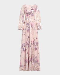 Balloon-Sleeve Metallic Embroidered Gown