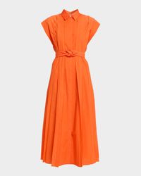 Pleated Cap-Sleeve Midi Shirtdress