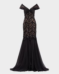 Cap-Sleeve Sequin Velvet Lace Gown