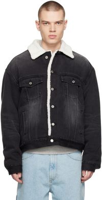 We11done Black Oversized Faux-Shearling Denim Jacket