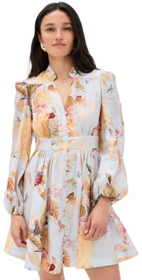 Zimmermann Ascension Plunge Mini Dress Light Blue Palm Floral 0P