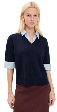 Tanya Taylor Esme Sweater Combo Top Maritime Blue Melange/Oxford L