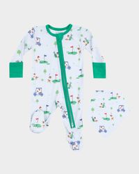 Boy's Dog Gone Golf 2-Way Zip Footie and Bib Set, Size Newborn-9M