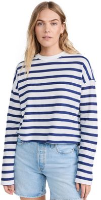 ASKK NY Printed Cropped Long Sleeve Top Thin Navy Stripe 0