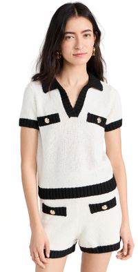 endless rose Crochet Knit Collared Top Ivory/Black S