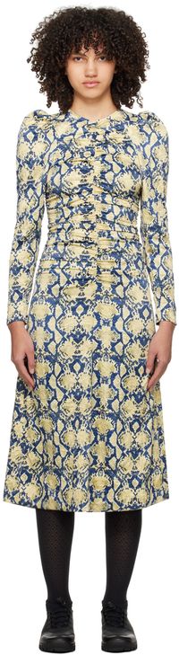 GANNI Blue & Beige Snake Printed Midi Dress