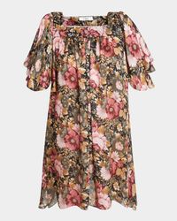 Rose Print Pleated Mini Silk Dress