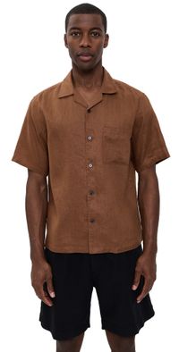 Theory Noll Short Sleeve Camp Collar in Relaxed Linen Deep Tobacco XXL