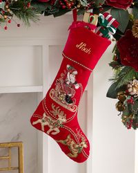 Beaded Santa and Reindeer Classic Christmas Stocking, Personalized