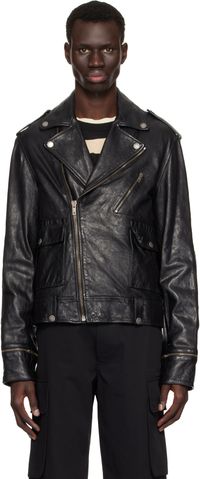 Golden Goose Blouson motard noir en cuir à effet brillant