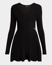 Plunging Long-Sleeve Rib Knit Mini Dress