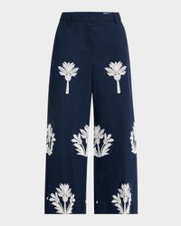 Palm-Embroidered Cotton Wide-Leg Crop Pants