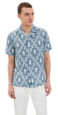 Far Afield Selleck Ceatano Print Camp Shirt Blue M