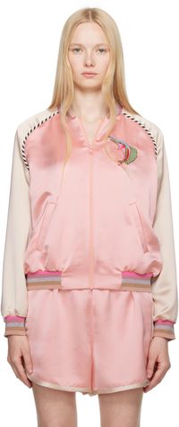 Anna Sui Pink Satin Embroidered Souvenir Bomber Jacket