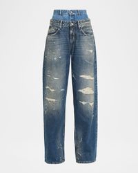 High-Rise Double Waistband Wide-Leg Distressed Jeans