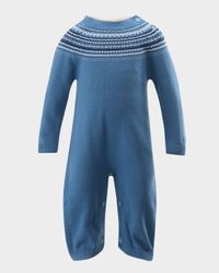 Boy's Fairisle-Trim Knit Playsuit, Size 3M-24M