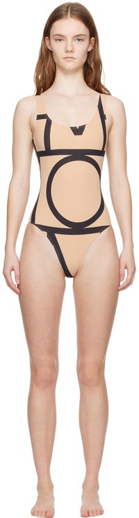 TOTEME Maillot de bain brun clair et noir à monogrammes