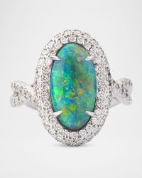 18K White Gold Black Opal and Diamond Ring, Size 6