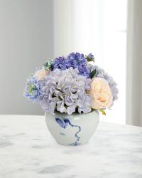 Chinoiserie Blue 12" Faux Floral Arrangement in Porcelain Bowl