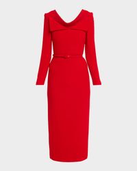 Square-Neck Belted Long-Sleeve Midi Dress