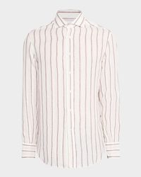 Men's Linen and Cotton Slim-Fit Textured Stripe Button-Down Shirt