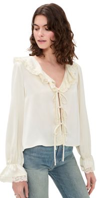 WAYF Lacey Tie Front Top Cream L