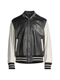 Men's Leather Varsity Bomber Jacket - Black Off White - Size XXL