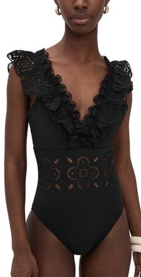 Sea Babette Eyelet V-Neck Ruffled One Piece Black XXS