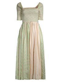 Women's Silk Dotted Smocked Midi-Dress - Green Polka Dot - Size 8
