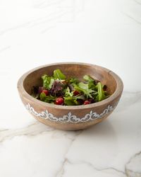 Mango Wood Wide Serving Bowl with Metal Inlay