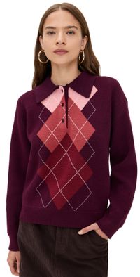 English Factory Argyle Knit Sweater Burgundy Multi M