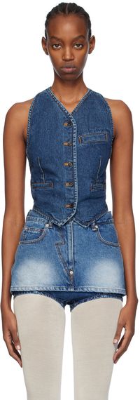 Pushbutton Indigo Halter Neck Denim Vest