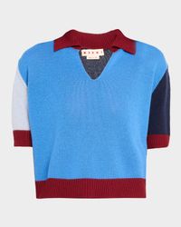 V-Neck Colorblock Crop Polo Sweater