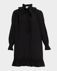 Ruffle Neck-Tie Silk Mini Shirtdress