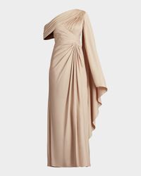 Pleated One-Shoulder Cape Gown