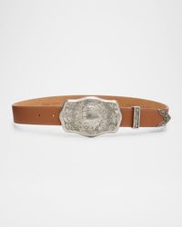 Tooled-Buckle Pebbled Calfskin Western Belt