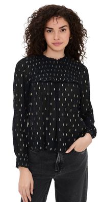 Madewell Smocked High-Neck Long-Sleeve Top Gold Lurex Dot M