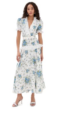 Rodarte White and Blue Daisy Silk Short Sleeve Silk Dress with Eyelet Ruffle Detail and Belt White/Blue 2
