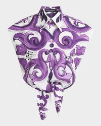 Tris Majolica Cap-Sleeve Tie Crop Shirt