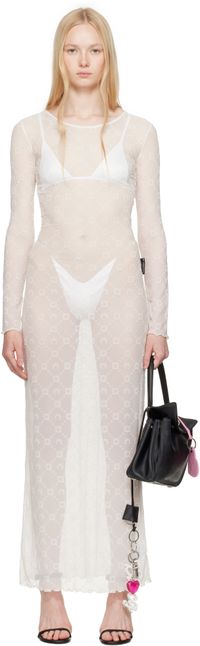 Marine Serre Robe longue blanche en filet à motif Moonogram floqué
