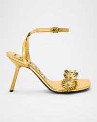 Crystal Flower Metallic Leather Ankle-Strap Sandals