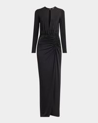 Keyhole Long-Sleeve Crystal Draped Jersey Gown