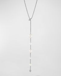 Pearl and Pave Y-Necklace with Diamonds in Silver, 2mm, 28"L