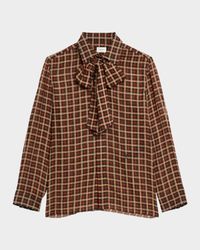 Bow-Neck Check Vichy Silk Shirt